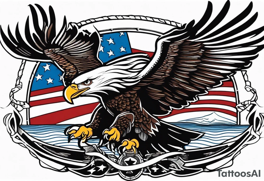 eagle flying in front of ship holding American flag in beak tattoo idea