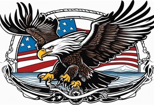 eagle flying in front of ship holding American flag in beak tattoo idea