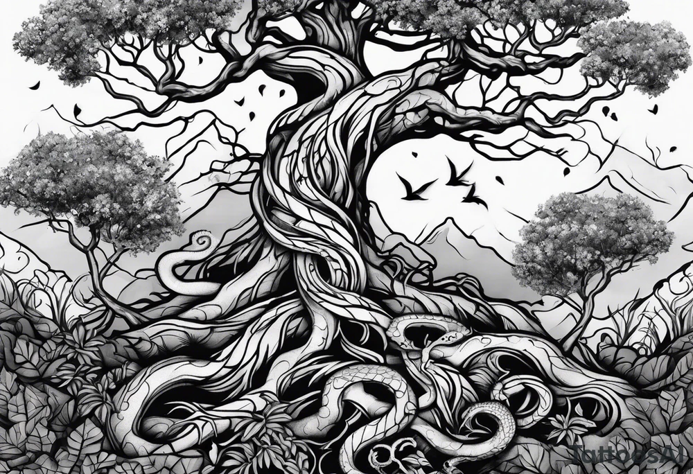 Tattoo around the forearm in the form of intertwined tree roots and two lizards hiding in the roots tattoo idea