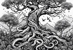 Tattoo around the forearm in the form of intertwined tree roots and two lizards hiding in the roots tattoo idea