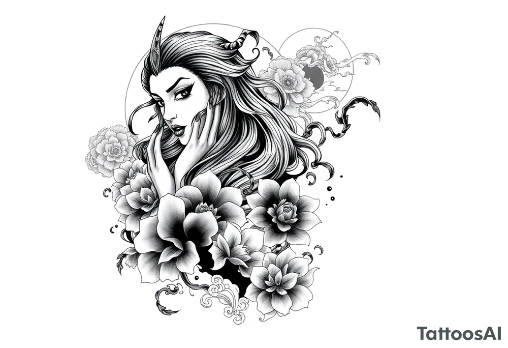 Full sleeve tattoo design for a male arm, wrapping from shoulder to wrist. Neo-Japanese style featuring a beautiful female oni (demon woman) with an elegant, mysterious expression, one hand partially covering her face, long flowing hair integrated into bold wind bars and wave patterns, large chrysanthemums and peonies weaving through the composition. Strong negative space with large black fills, bold flowing shapes, and smooth grey shading. Traditional Japanese cloud and water motifs in the background, balanced composition with the oni face as the main focal point on the upper arm, seamless flow down the arm to the wrist. High contrast black and grey, crisp linework, dynamic and dramatic. tattoo idea