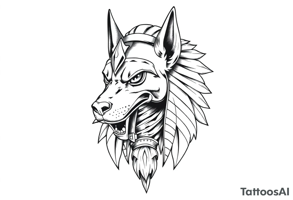 powerful majestic muscle anubis Egyptian god face mix with dog
without eyes with mantle on head tattoo idea