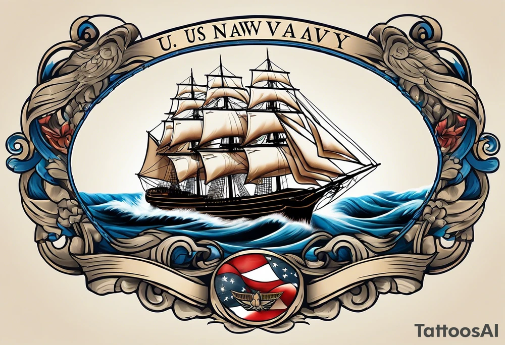 sailing ship in rough seas, front porfile, in oval with rope border, super imposed over crossed cannons, banner at bottom that says US Navy tattoo idea