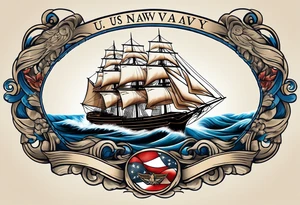 sailing ship in rough seas, front porfile, in oval with rope border, super imposed over crossed cannons, banner at bottom that says US Navy tattoo idea