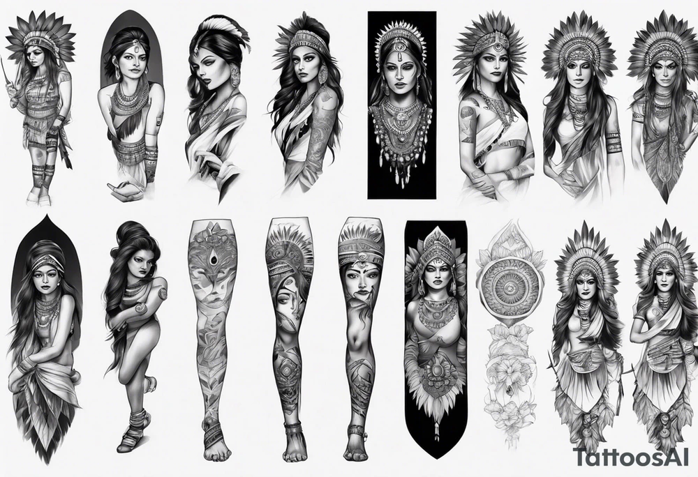indian woman theme leg sleeve tattoo idea