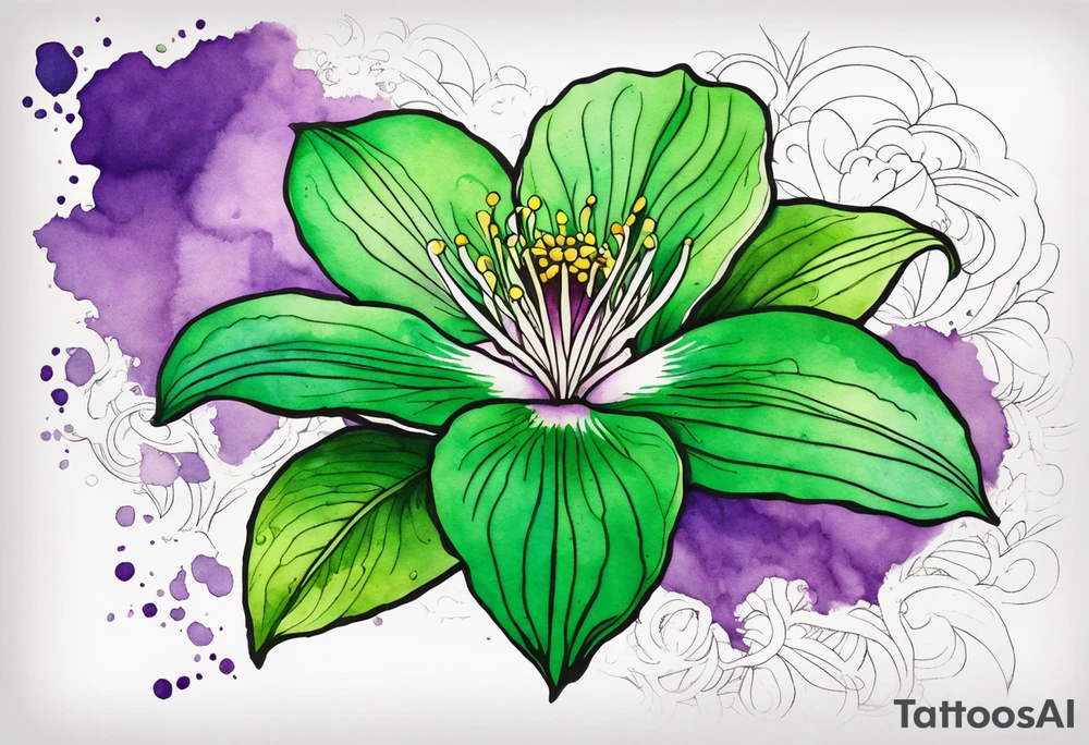 An outline of an only green rio dipladenia flower and a green and purple watercolor splash in the background tattoo idea