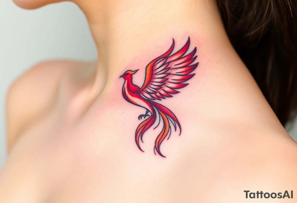 Square, phoenix rising from fire with both wings opened, colors red, pink, orange and purple. tattoo idea