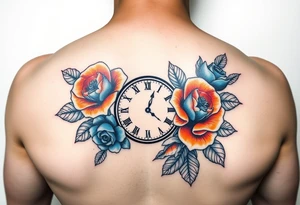 Blue and orange roses with a clock and name placeholder tattoo idea