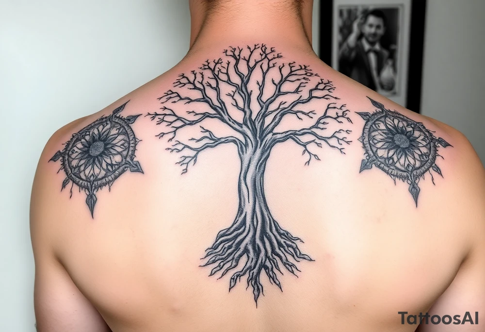 mystical tree of life with cosmic roots and celestial branches tattoo idea