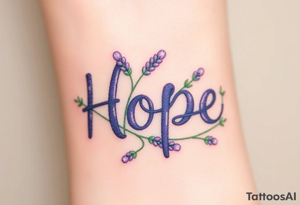 "Hope" shaped from intertwining lavender sprigs, in soft purples and greens, symbolizing serenity tattoo idea