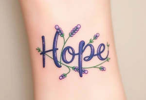 "Hope" shaped from intertwining lavender sprigs, in soft purples and greens, symbolizing serenity tattoo idea