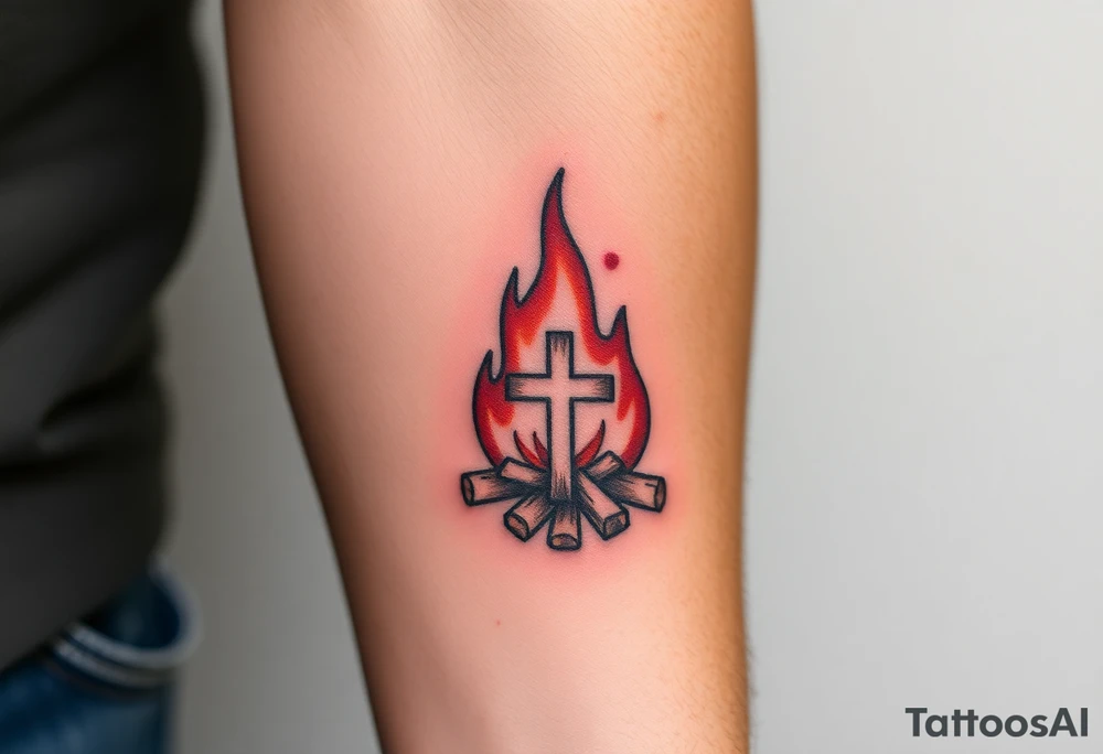 Campfire with a cross hidden in the flames tattoo idea