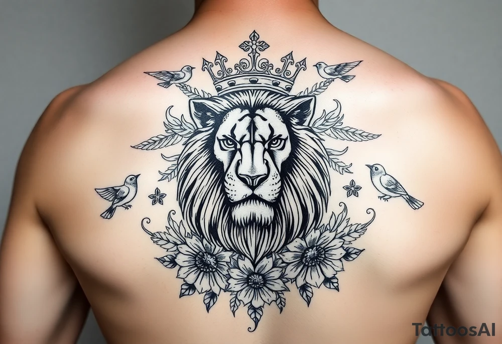 powerful majestic lion with a crown, surrounded by floral ornaments and birds tattoo idea
