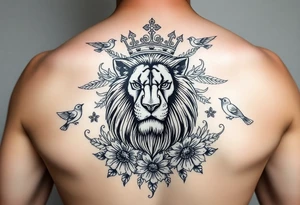 powerful majestic lion with a crown, surrounded by floral ornaments and birds tattoo idea