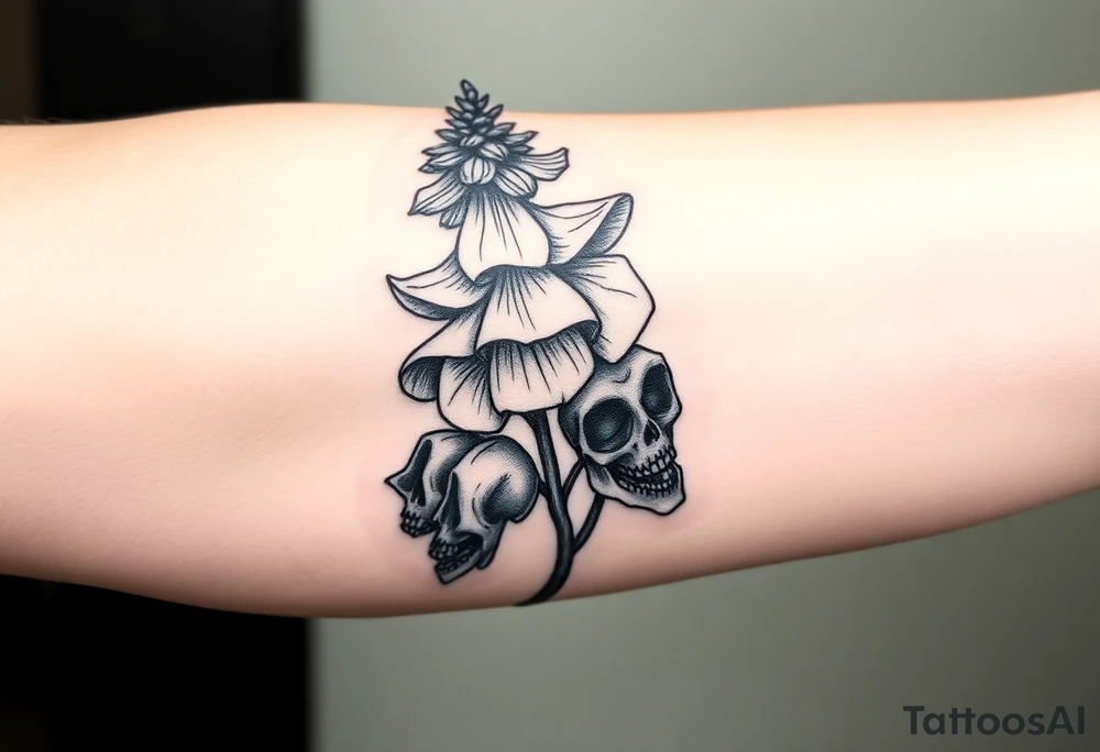 Aconitum flower going up the arm with details gothic style with skulls tribal large tattoo idea