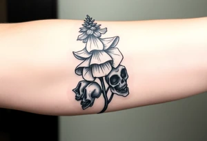 Aconitum flower going up the arm with details gothic style with skulls tribal large tattoo idea
