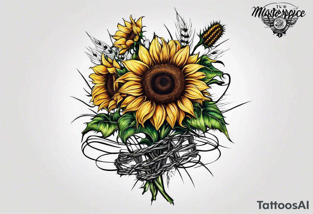 Sunflower, wheat, and barbed wire half sleeve tattoo idea