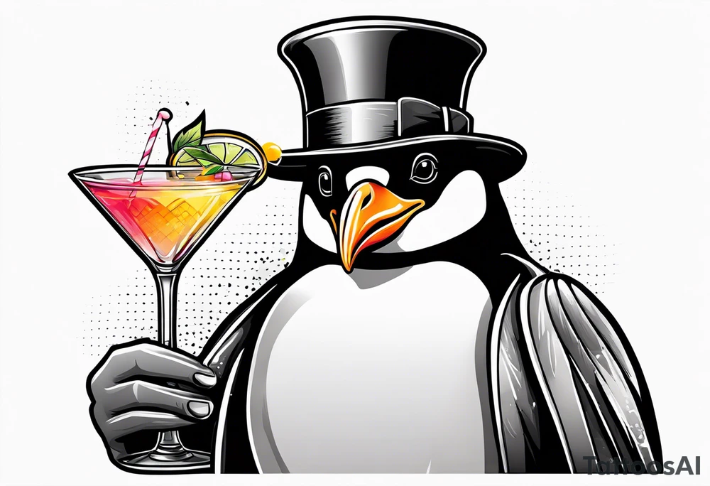 fun, penguin holding cocktails tattoo idea