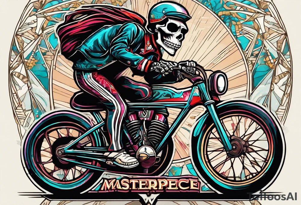 Skeleton rides a racing bicycle. It is wearing a 1980s style uniform. There is no background image tattoo idea