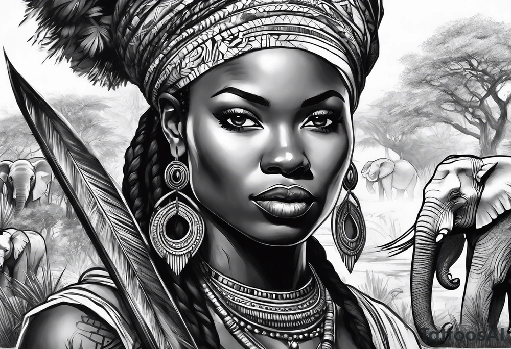 African woman warrior holding spear with earrings. Tribe marks on her face and trees,brids and elephants in the background tattoo idea