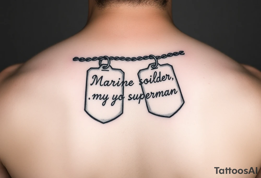 in pencil led draw "Marine soilder, my dad, my superman" inside military dogtags tattoo idea
