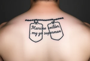 in pencil led draw "Marine soilder, my dad, my superman" inside military dogtags tattoo idea