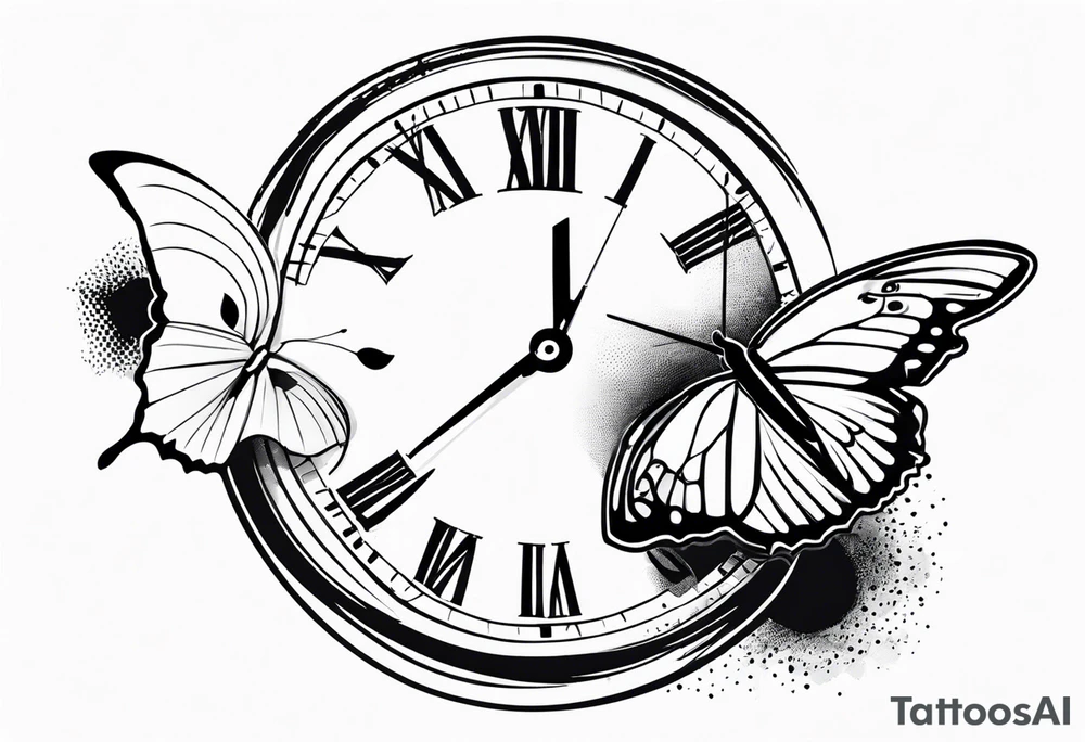 Butterfly flying over a clock. tattoo idea