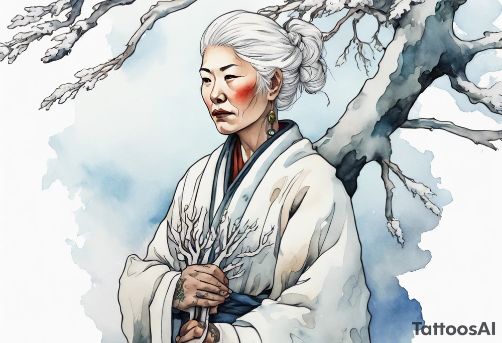 a 40 year old Sami woman with white hair and a white robe holding a long white tree branch, standing on an iceberg tattoo idea