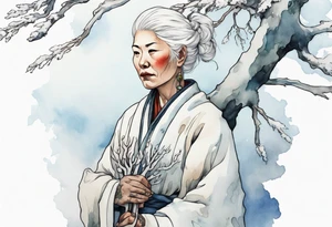 a 40 year old Sami woman with white hair and a white robe holding a long white tree branch, standing on an iceberg tattoo idea