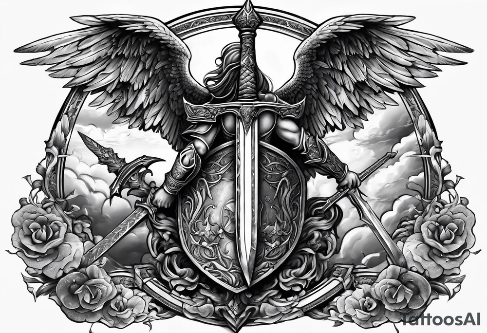 Angels with sword & Shield in sky tattoo idea