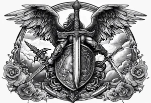 Angels with sword & Shield in sky tattoo idea