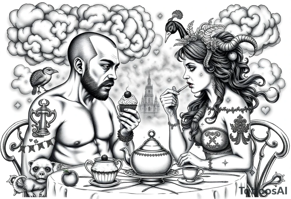 Mystical Naked Man and woman eating cupcakes fruit  having sex clouds gothic sexy naked fat lady having a tea party with tea pot and Victorian castle explosions
with a piggy, peacock, noose, lion, goat, smoking cigerettes looking in the mirror thru storm clouds with razor blades and broken hearts and darkness and wrath, envy , gluttony, greed, sloth, pride kill tattoo idea