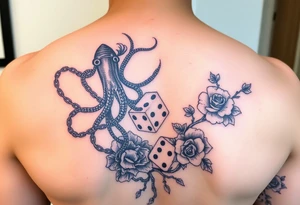 squid and knight combined with chains, tree roots, cherry blossoms and roses rolling dice tattoo idea