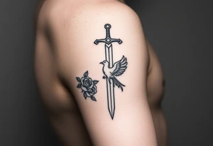 Cross sword on arm darkened in with roses pearls on the sword and a small phoenix rising from the ashes feminine tattoo idea