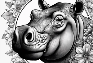 A hippo head with a detailed realistic full moon on upper right corner and wintersweet flower on lower left corner tattoo idea