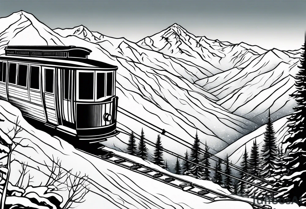 Create a large-scale tattoo design that starts at the lower back. The motif features a cable car ascending from a valley station into snowy mountains, leading to the top station. At the end of the cable car, it connects to a pair of ski goggles worn by a female head. In the lenses of the ski goggles, the snowy mountains should be reflected. Pay attention to realistic details of the mountains and the cable car, while the female head and ski goggles are stylized but clearly recognizable. The design should flow organically and extend upwards along the back. tattoo idea