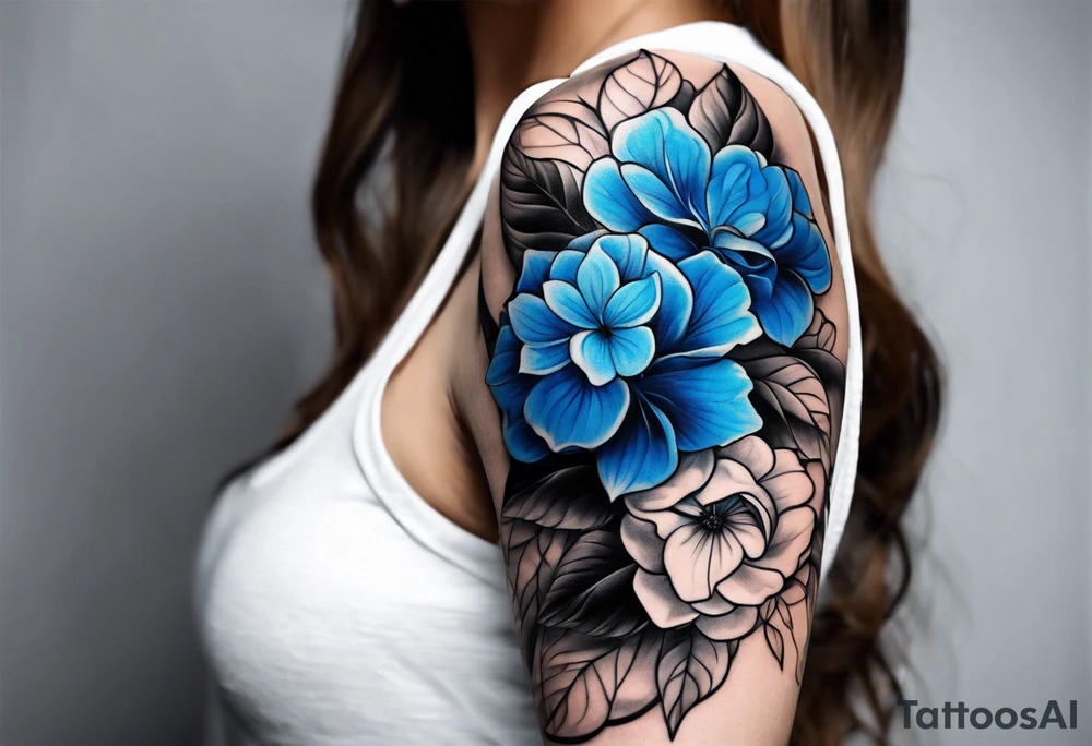 Arm sleeve with blue hydrangea flowers tattoo idea