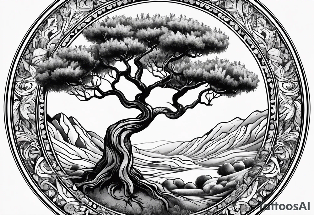 an olive tree inside a psychedelic circle tattoo idea