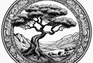 an olive tree inside a psychedelic circle tattoo idea