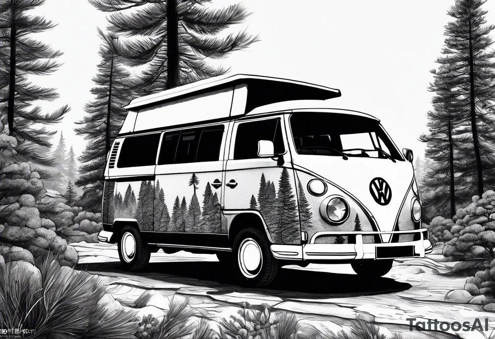 VW california t6 in Front of a pine tree tattoo idea