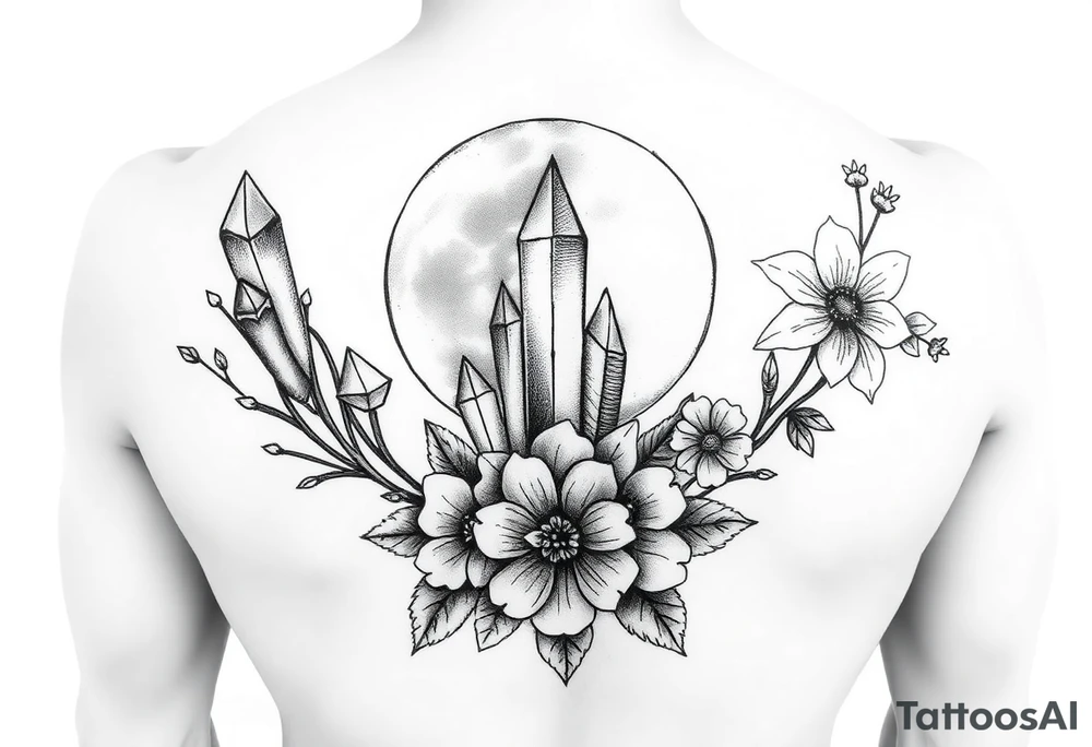 crystals and half the moon and flowers tattoo idea