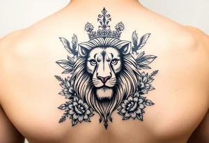 powerful majestic lion with a crown, surrounded by floral ornaments and birds tattoo idea