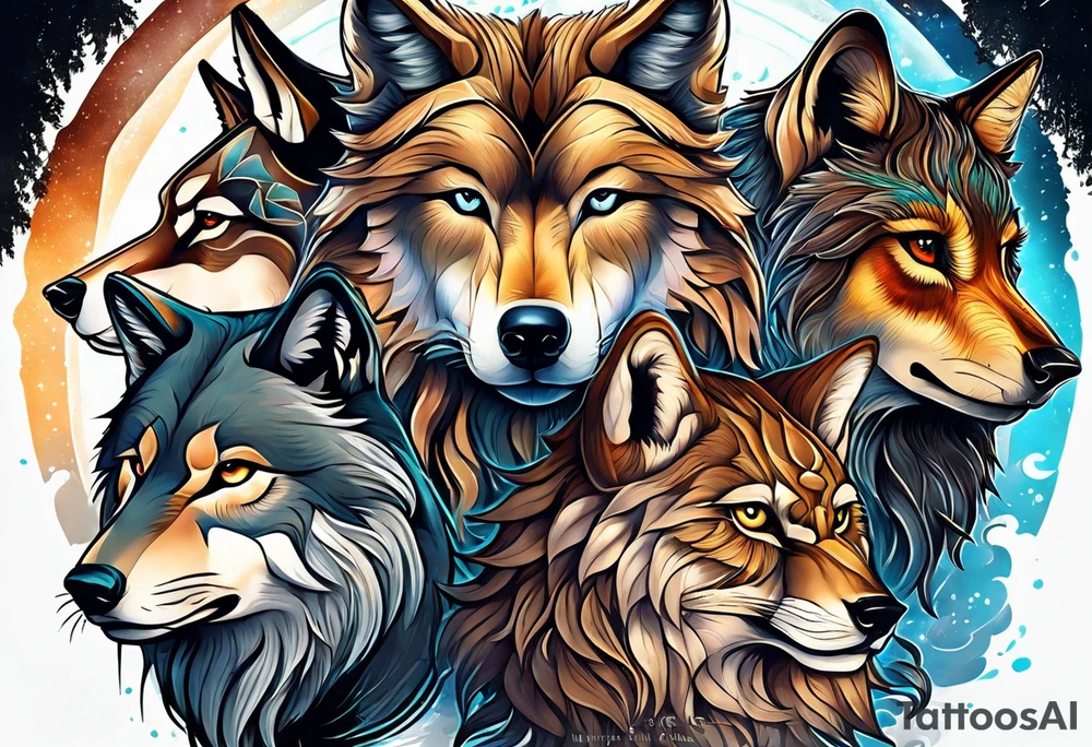 A Wolf as a father, an owl as the son and a lioness as the daughter. tattoo idea