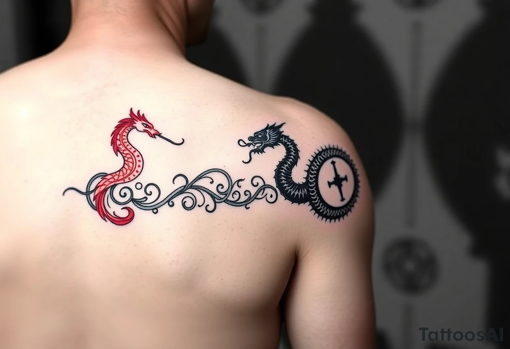 Ultra-thin horizontal neo-tribal tattoo band (5cm height, 50cm length), black and red ink. Greek meander pattern with integrated Chinese phoenix (left, red) and dragon-ouroboros (right, black). Hidden Bagua trigrams in corners. Line art, NO background, designed to wrap around forearm seamlessly. Make the pattern repeatable tattoo idea