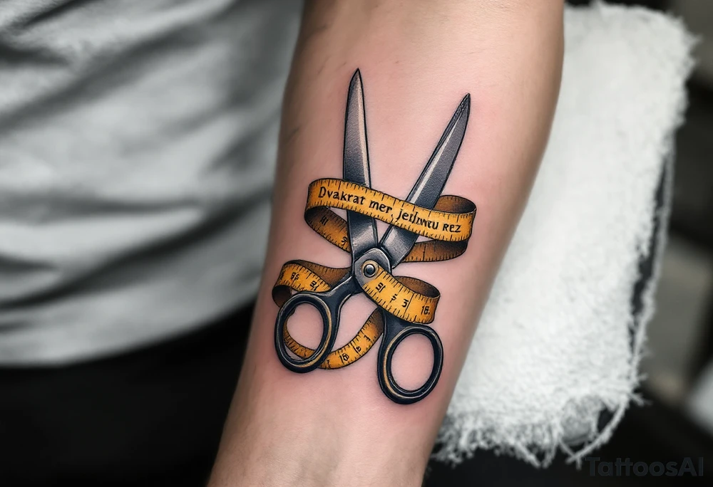 "Dvakrat mer, jednou rez." — A pair of measuring tapes entwined around scissors in steel-gray and yellow, with the phrase running along the blades. tattoo idea