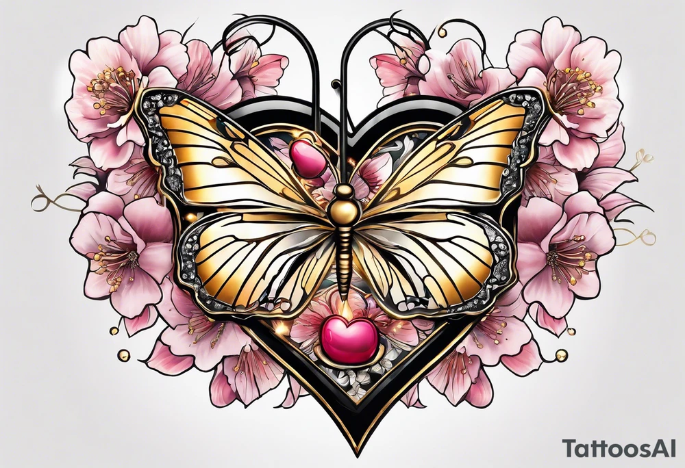 Cherry Blossom Tattoo with a key that unlocks a heart surrounded by white butterflies and in a golden aura tattoo idea