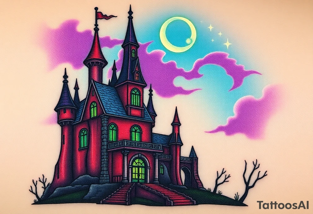 Tim Burton’s disney sleeping beauty’s haunted castle is abandoned and dripping with muted reds, dusty pinks, and eerie green glow.purple and cyan smokey clouds swirl in the crescent moonlit sky thats sprinkled with stars tattoo idea tattoo idea