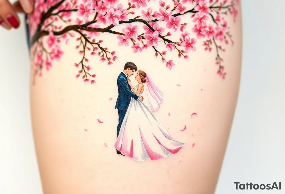 A watercolor-style bride and groom dancing under a soft pink cherry blossom tree, with delicate petals falling around them tattoo idea
