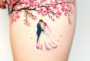 A watercolor-style bride and groom dancing under a soft pink cherry blossom tree, with delicate petals falling around them tattoo idea