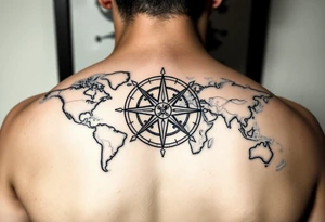 antique compass rose overlaid on weathered world map with sailing ships tattoo idea